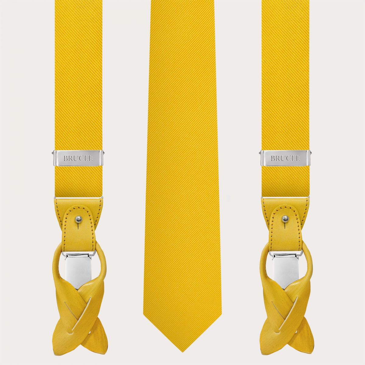 Elegant set of suspenders and necktie in silk, yellow