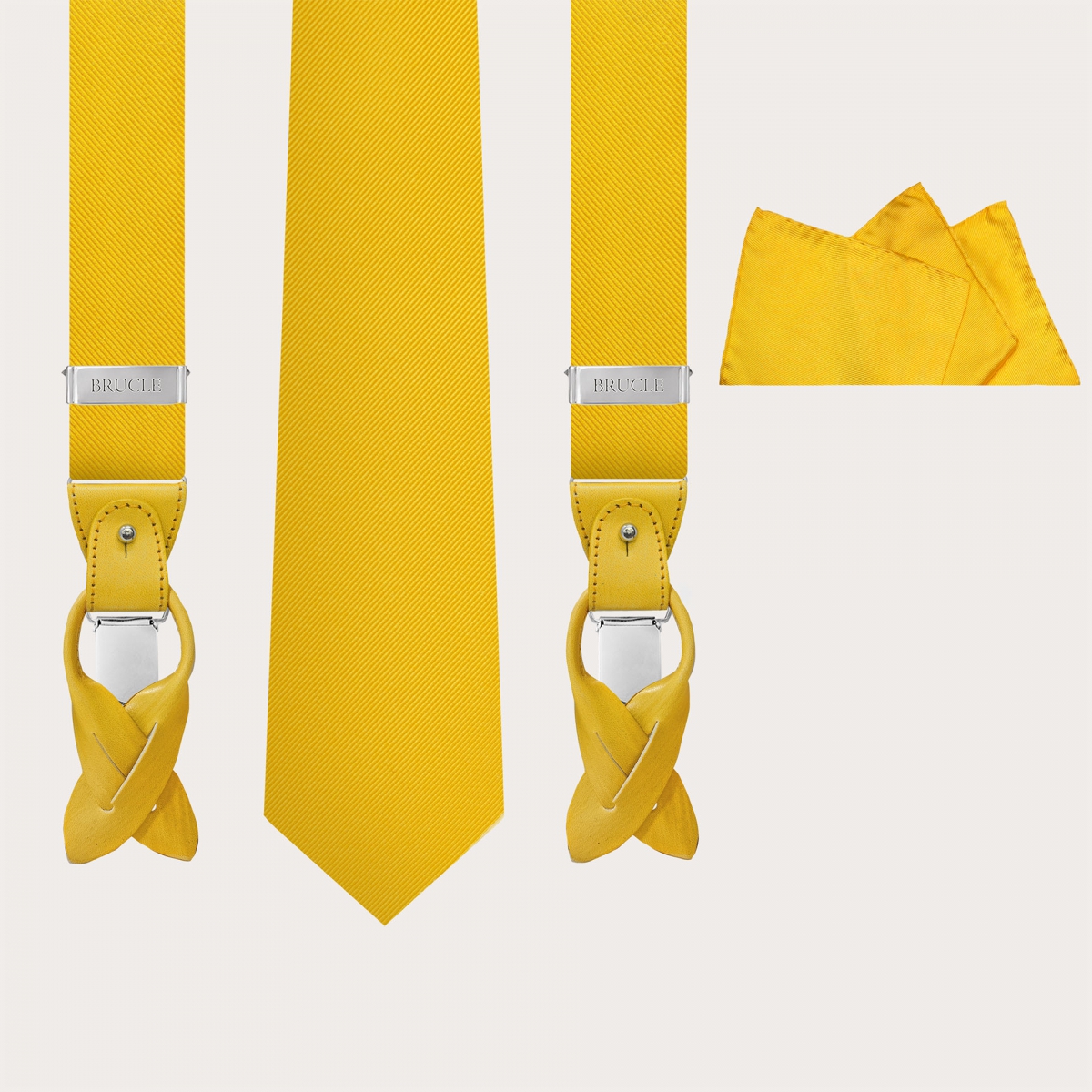 Elegant set of suspenders, necktie and pocket square in silk, yellow