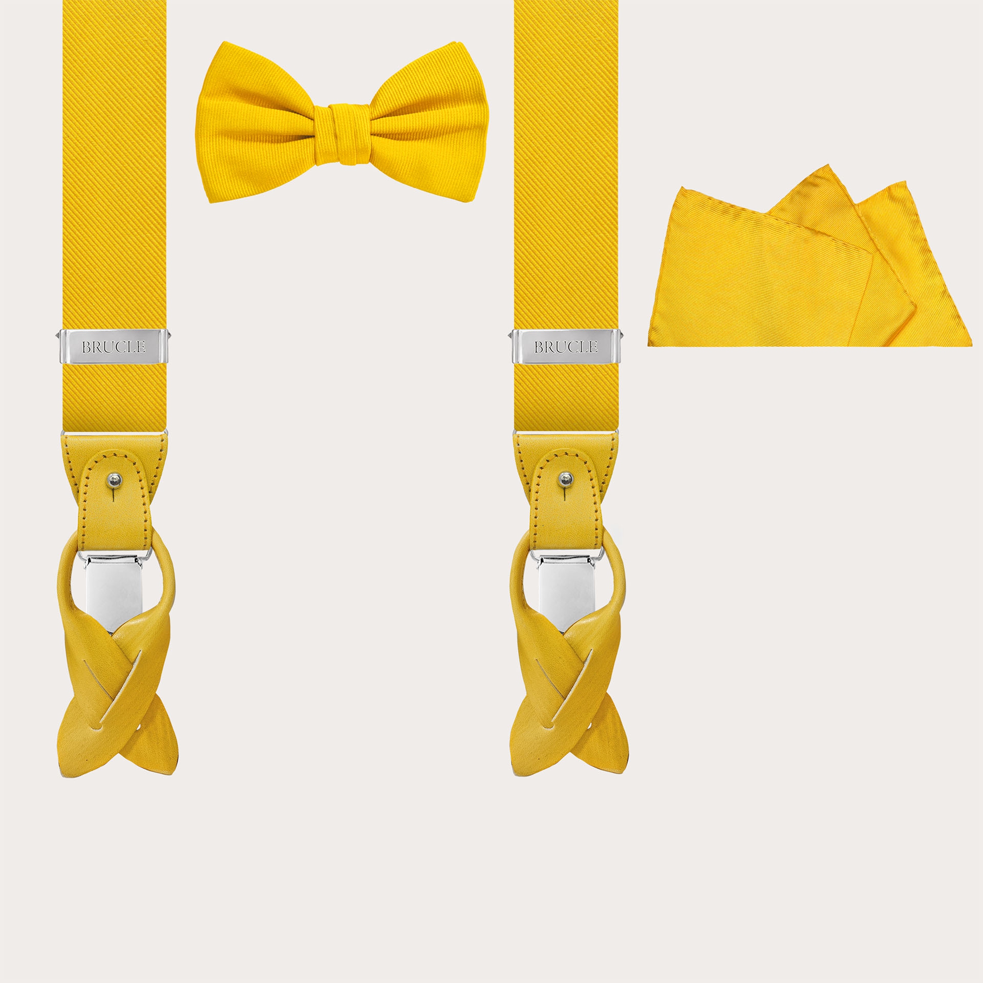 Elegant set of suspenders, bow tie and pocket square in silk, yellow