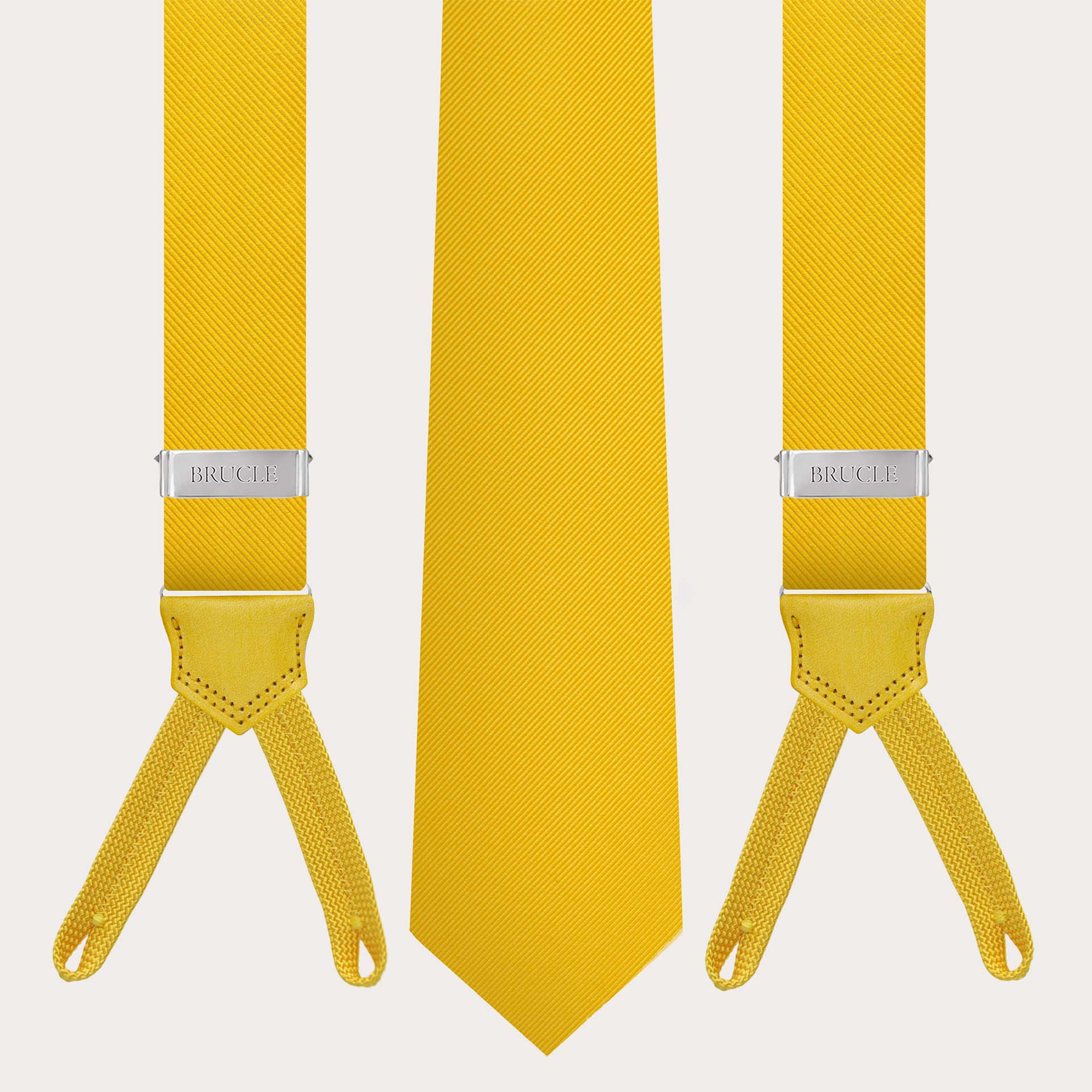 Yellow silk suspenders set for buttons with matching tie