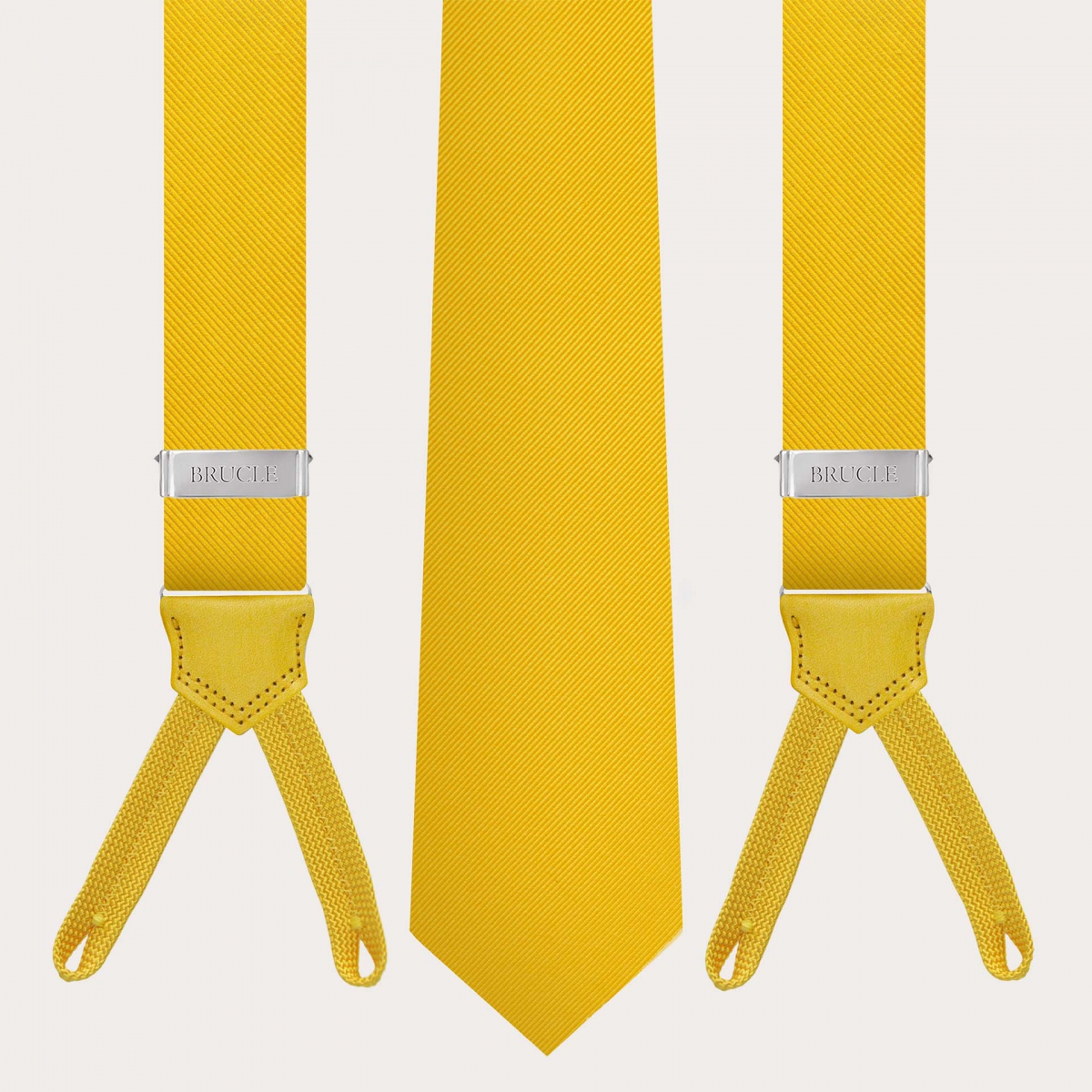 Yellow silk suspenders set for buttons with matching tie