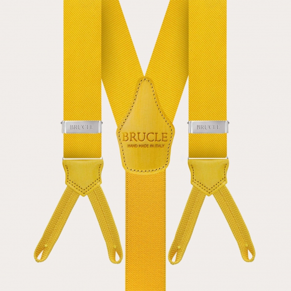 Yellow silk suspenders set for buttons with matching tie