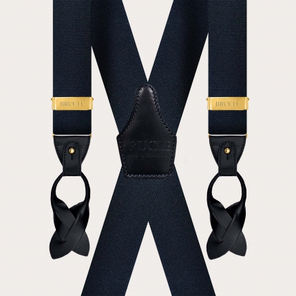 Navy blue X-back suspenders, dual-use, with gold metal parts