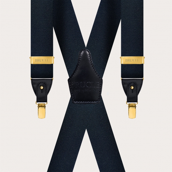 Navy blue X-back suspenders, dual-use, with gold metal parts