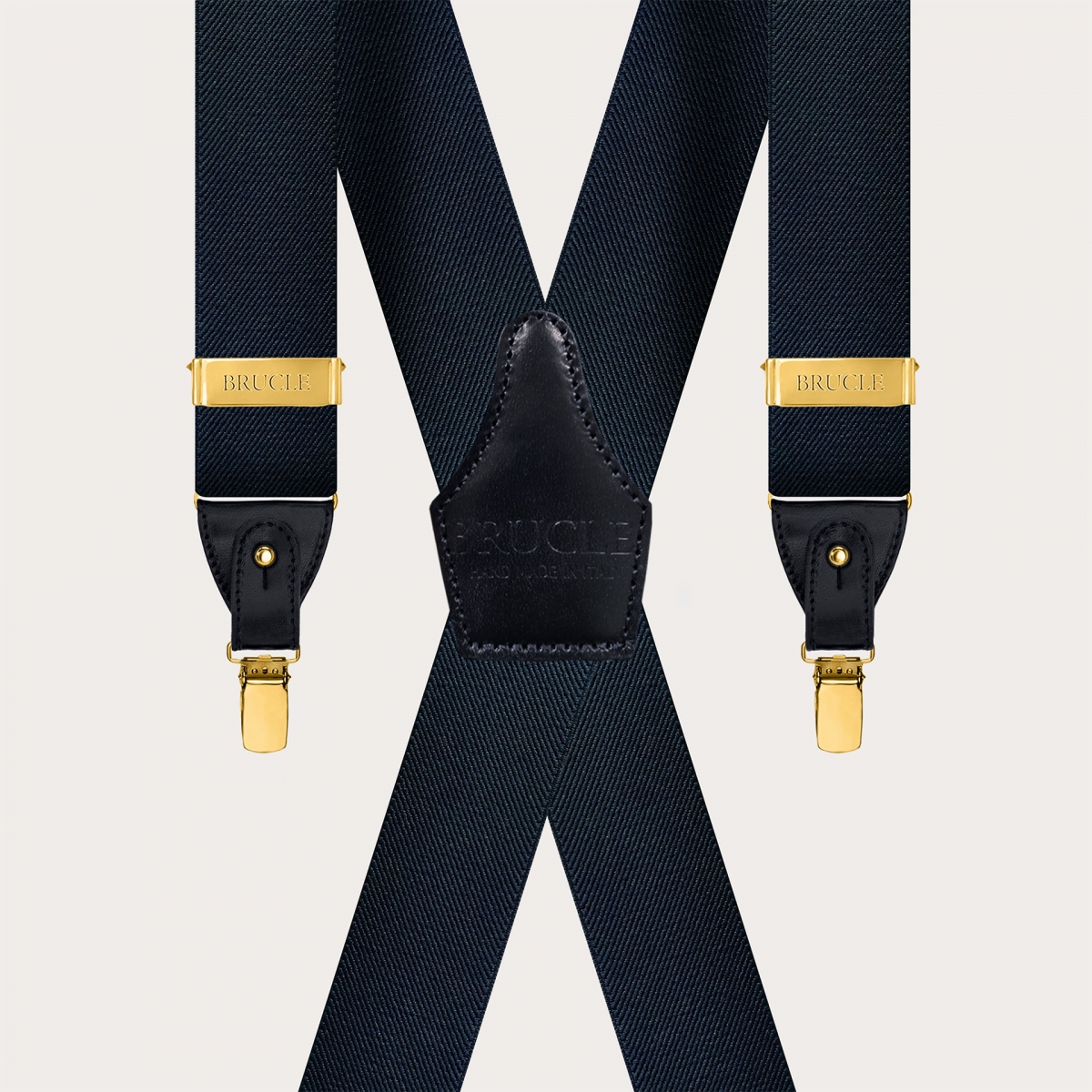 Navy blue X-back suspenders, dual-use, with gold metal parts