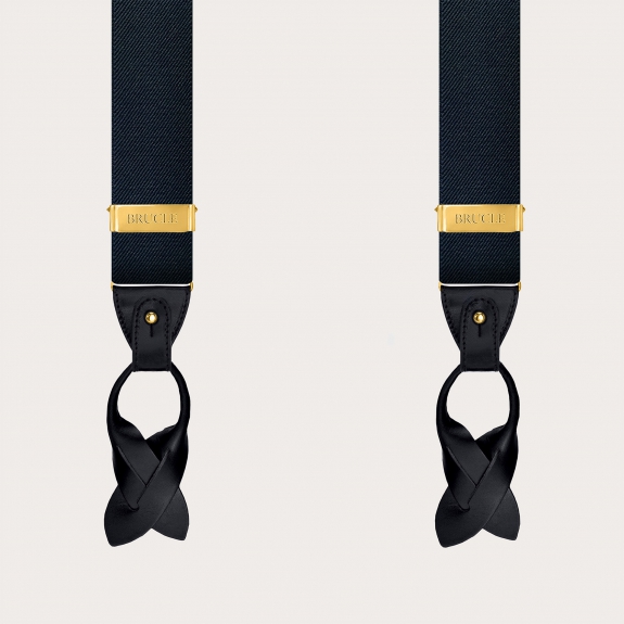 Navy blue X-back suspenders, dual-use, with gold metal parts