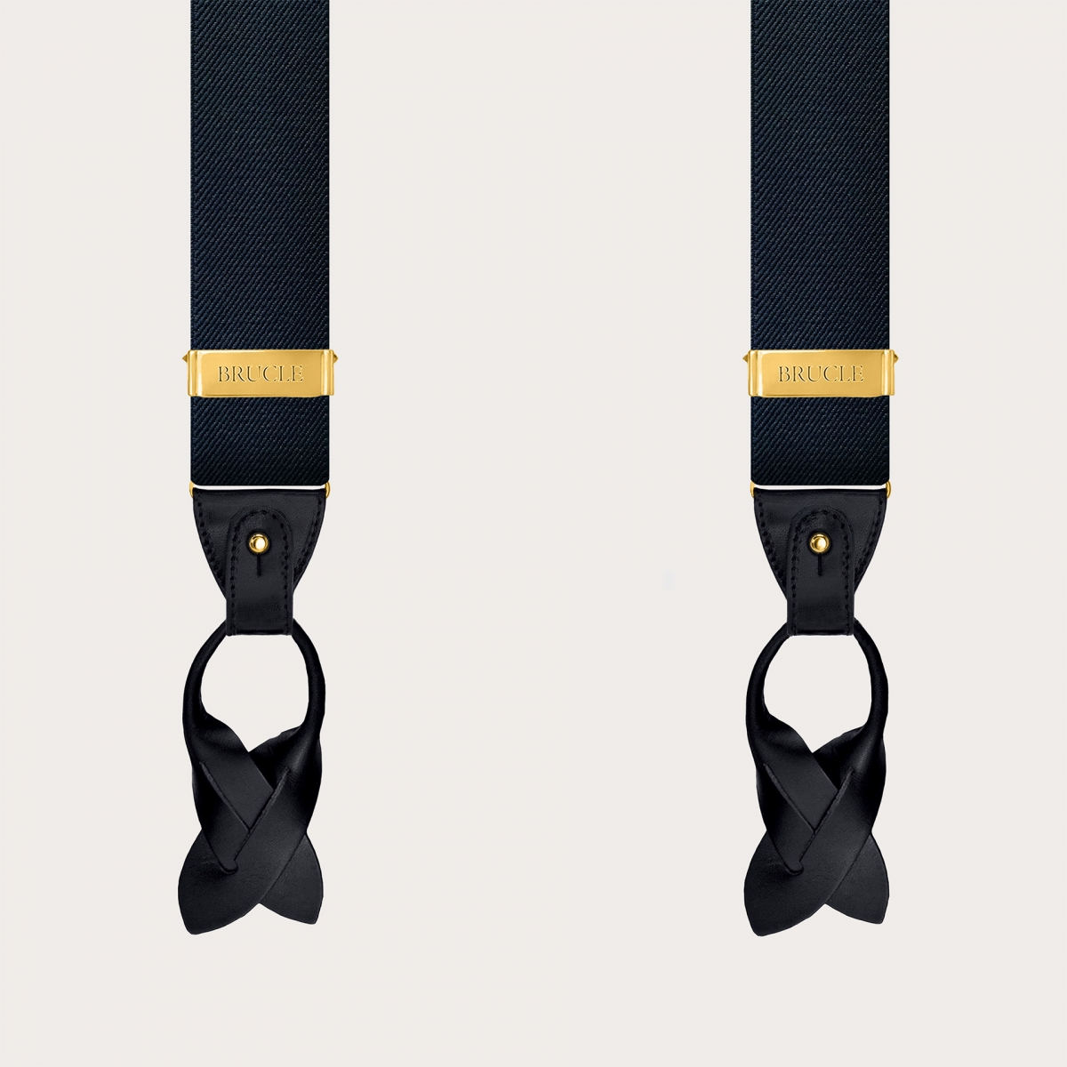 Navy blue X-back suspenders, dual-use, with gold metal parts