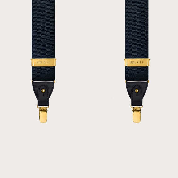 Navy blue X-back suspenders, dual-use, with gold metal parts