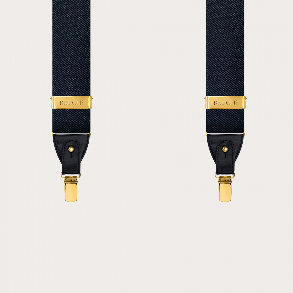 Navy blue X-back suspenders, dual-use, with gold metal parts