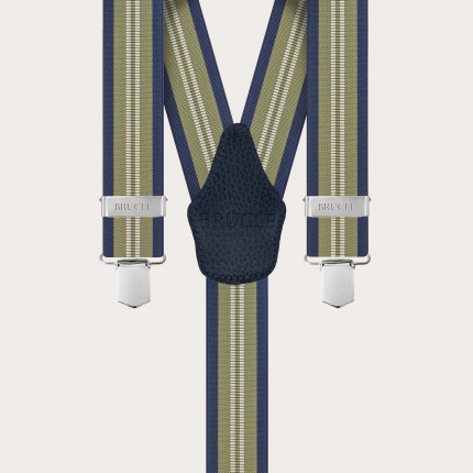 Wide suspenders with green and blue stripes, clip-on only