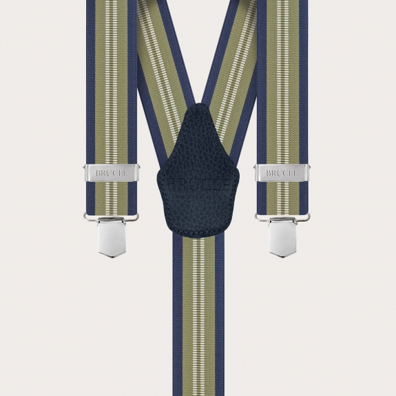 Wide suspenders with green and blue stripes, clip-on only