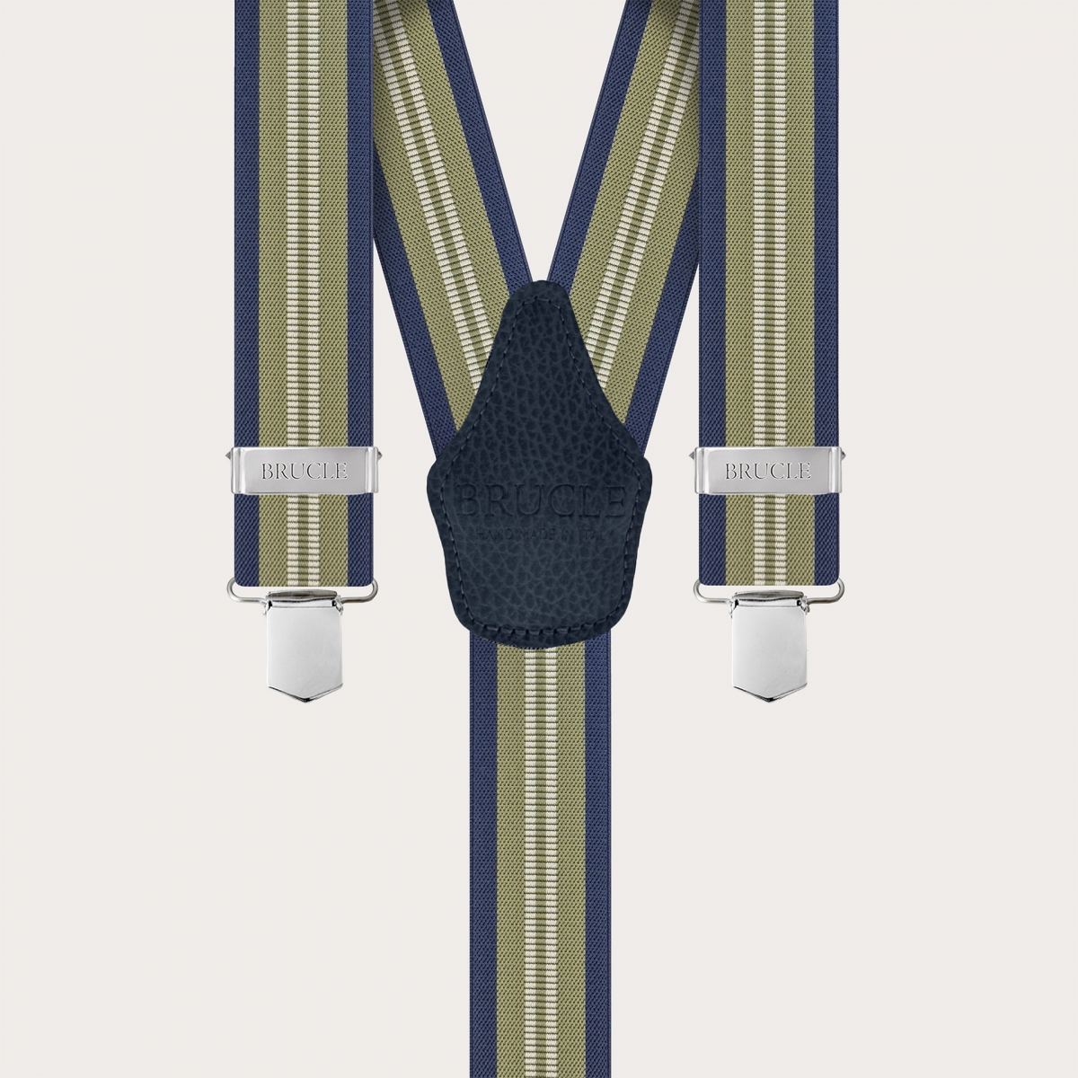 Wide suspenders with green and blue stripes, clip-on only