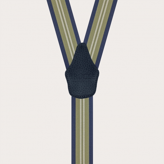 Wide suspenders with green and blue stripes, clip-on only