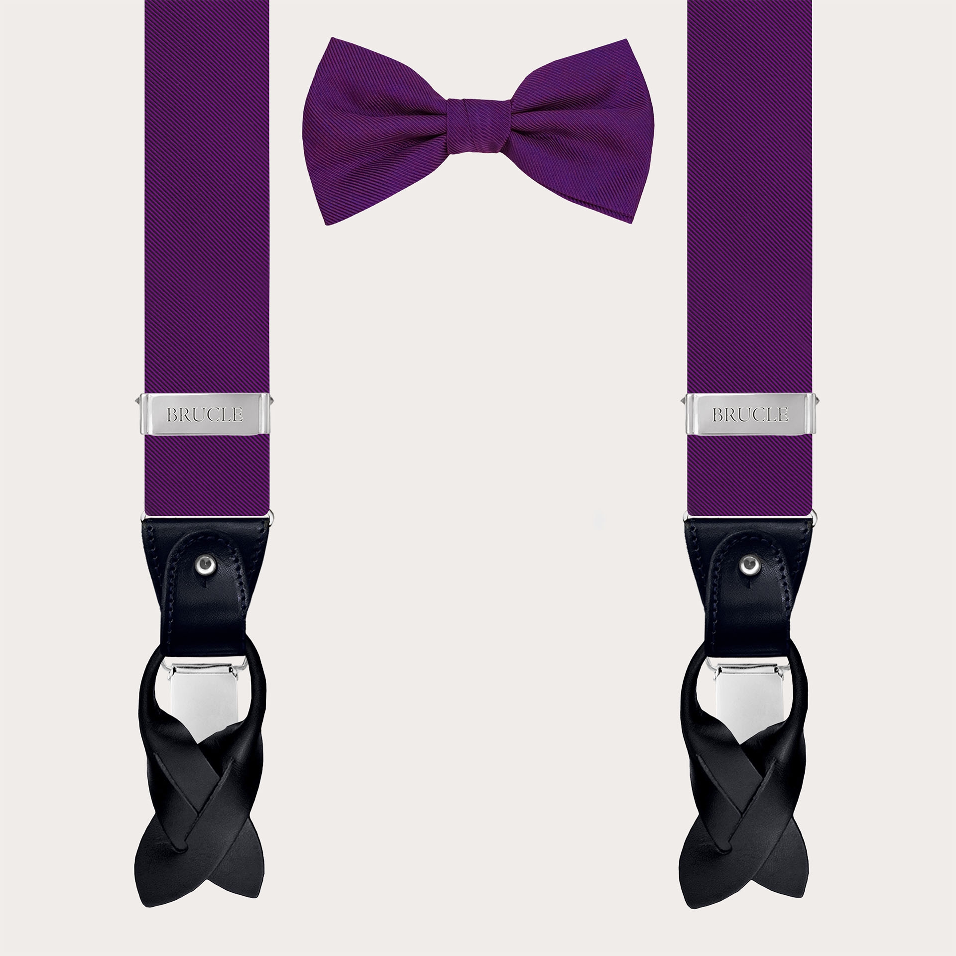 Coordinated suspenders and bow tie in violet jacquard silk