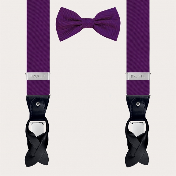 Coordinated suspenders and bow tie in violet jacquard silk