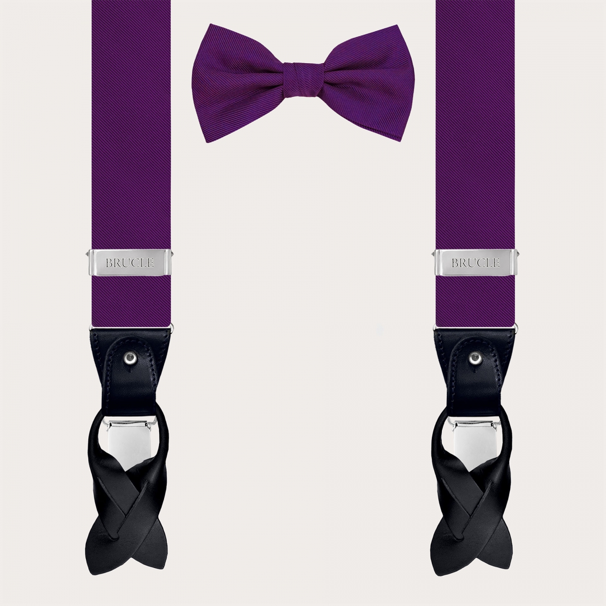 Coordinated suspenders and bow tie in violet jacquard silk