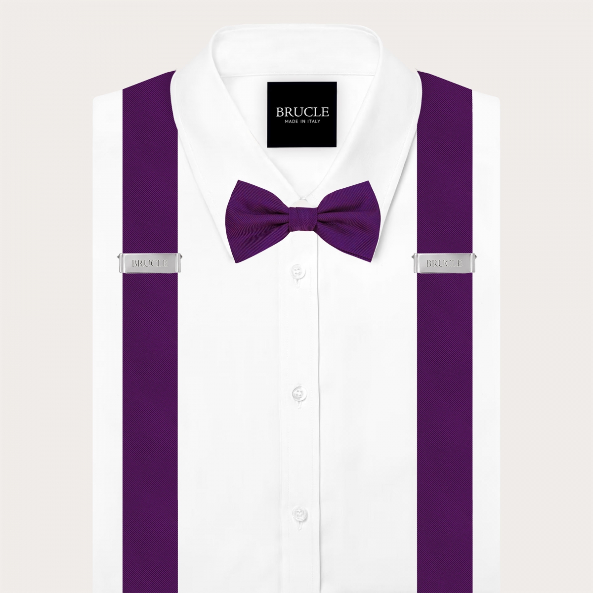 Coordinated suspenders and bow tie in violet jacquard silk