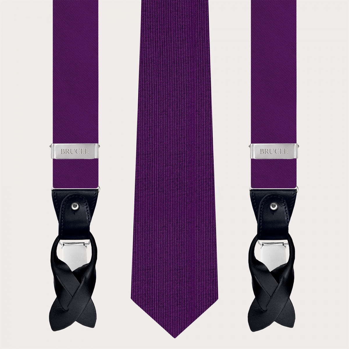 Coordinated suspenders and tie in violet jacquard silk