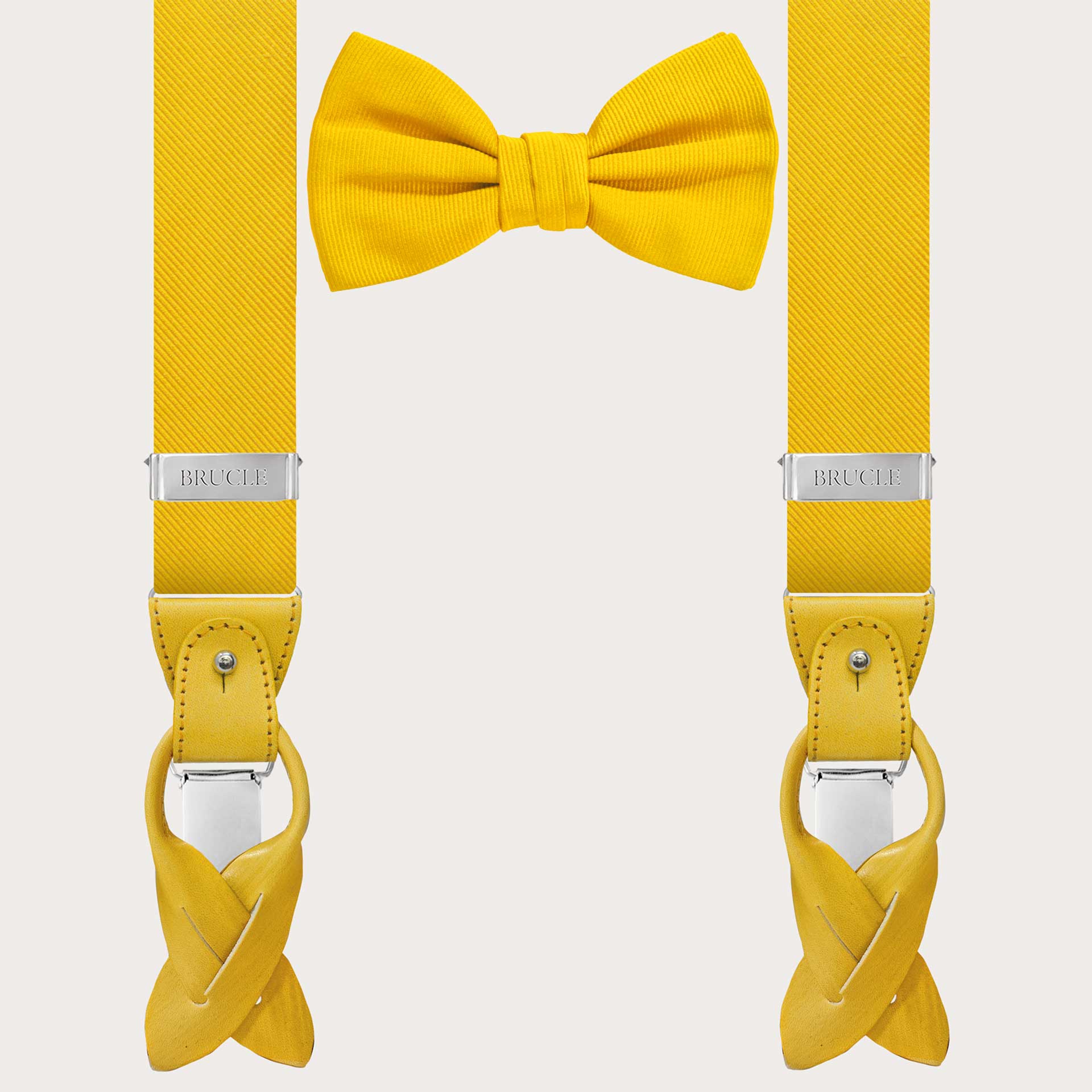 Coordinated suspenders and bow tie in silk, yellow