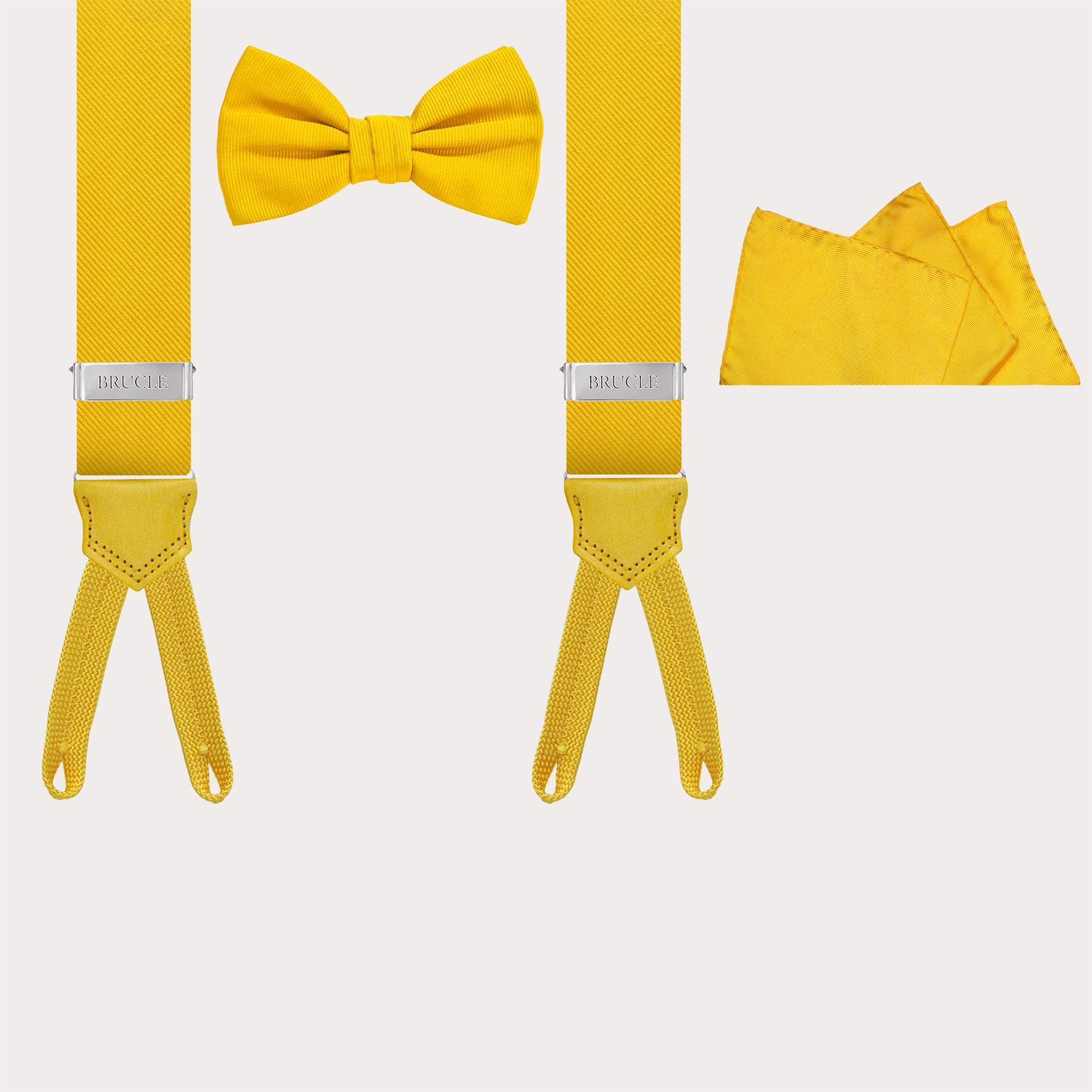 Coordinated set of silk suspenders for buttons, bow tie, and pocket square in yellow