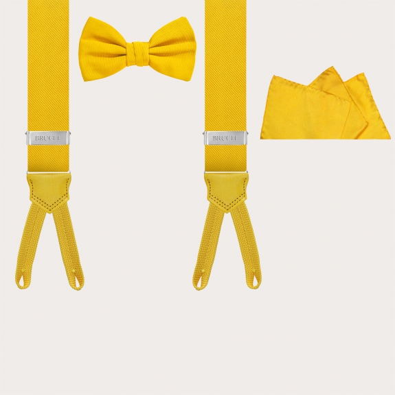 Coordinated set of silk suspenders for buttons, bow tie, and pocket square in yellow