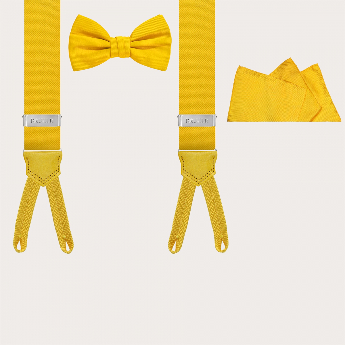 Coordinated set of silk suspenders for buttons, bow tie, and pocket square in yellow