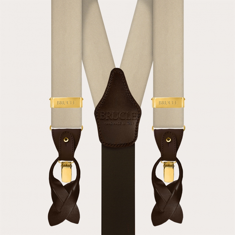 Men's champagne silk suspenders with gold metal parts