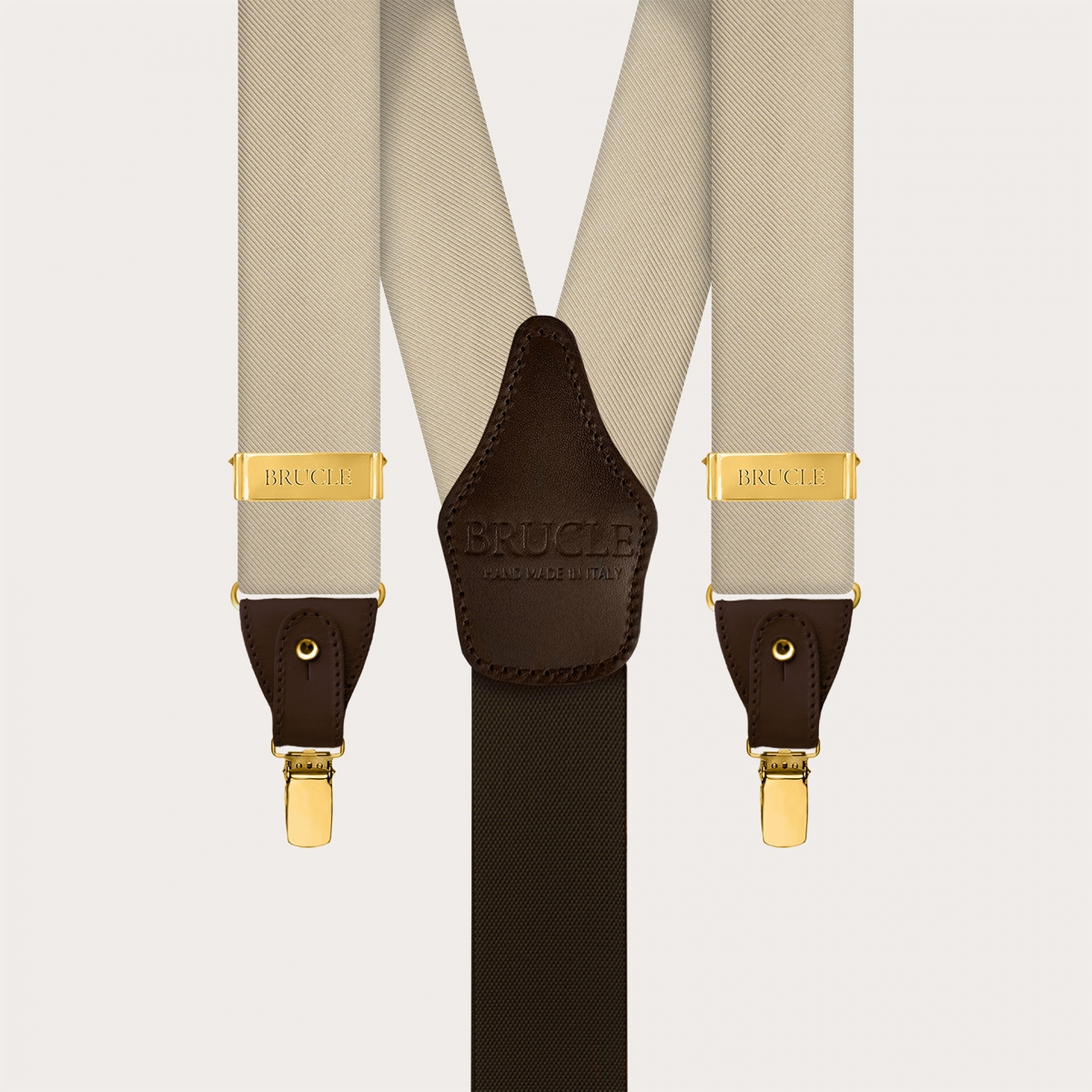 Men's champagne silk suspenders with gold metal parts