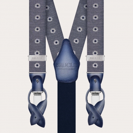 Men's grey floral silk suspenders, clips or buttons