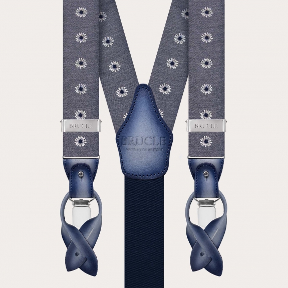 Men's grey floral silk suspenders, clips or buttons