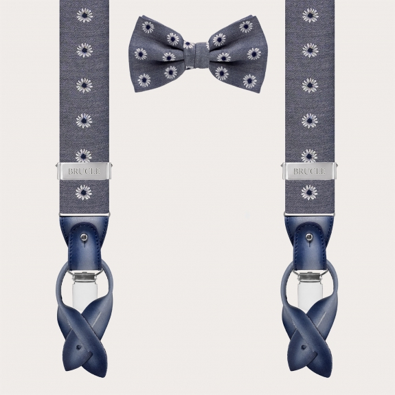 Gray floral silk suspenders and bow tie set