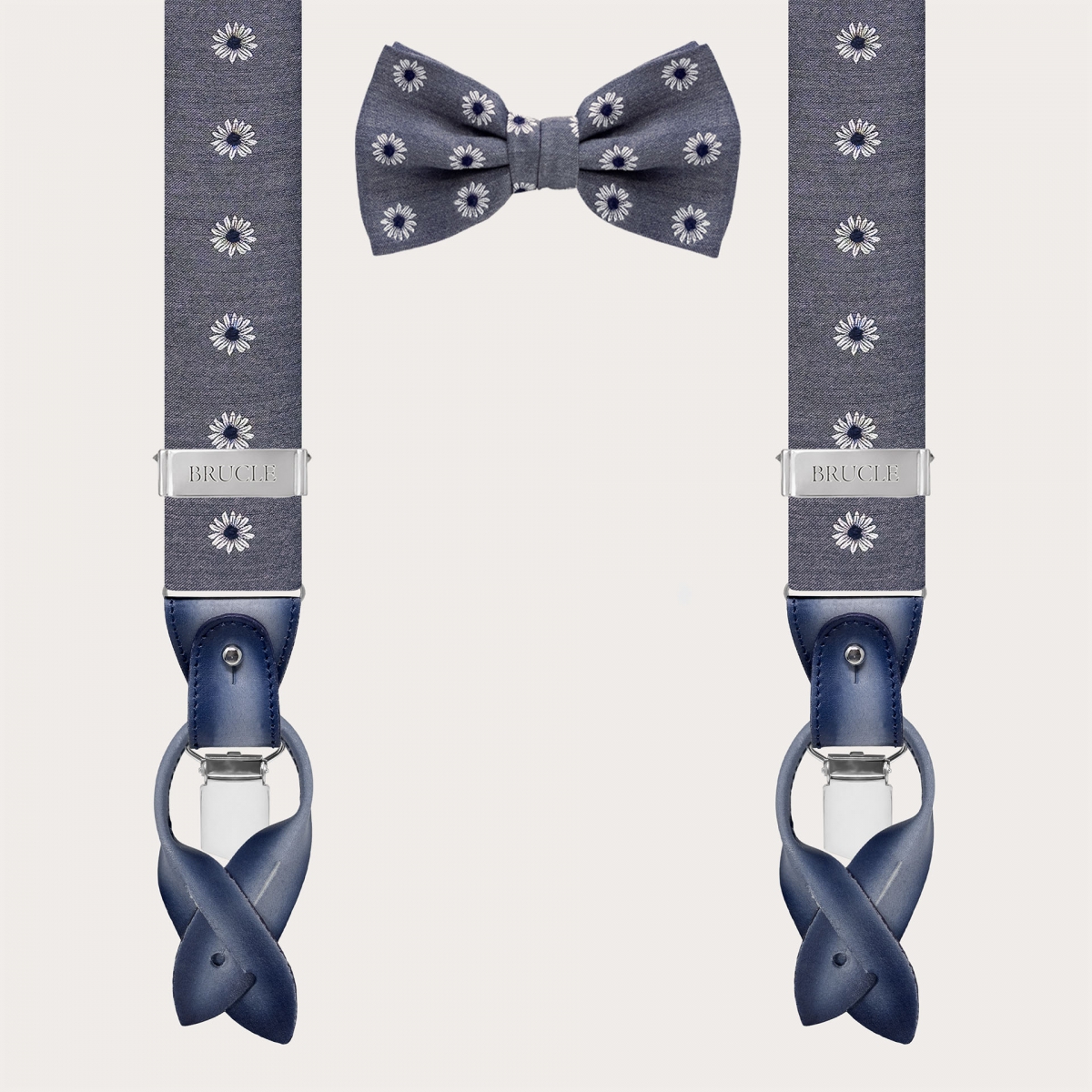 Gray floral silk suspenders and bow tie set