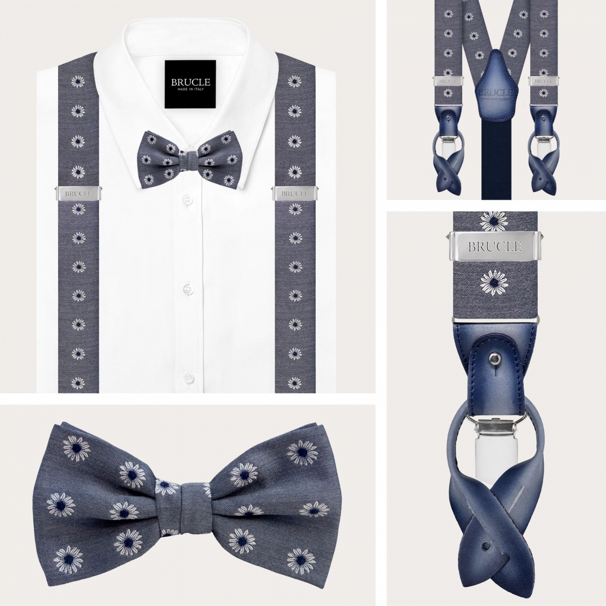 Gray floral silk suspenders and bow tie set