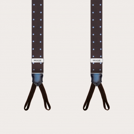 Narrow brown polka dot silk suspenders for buttons