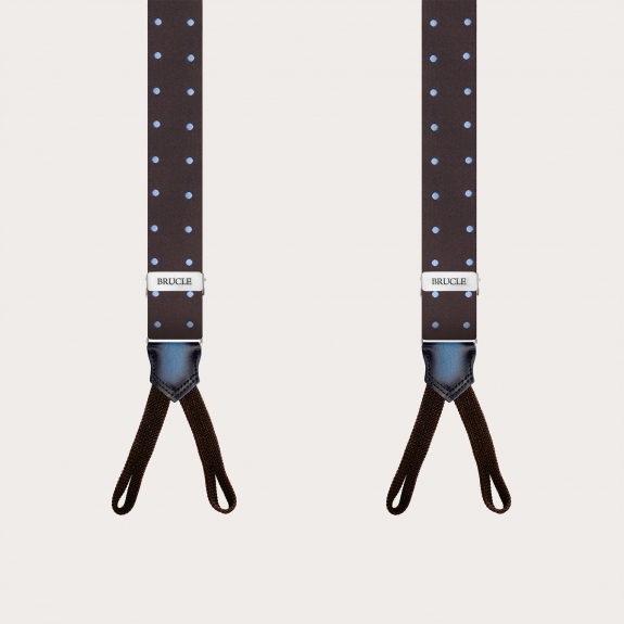 Narrow brown polka dot silk suspenders for buttons