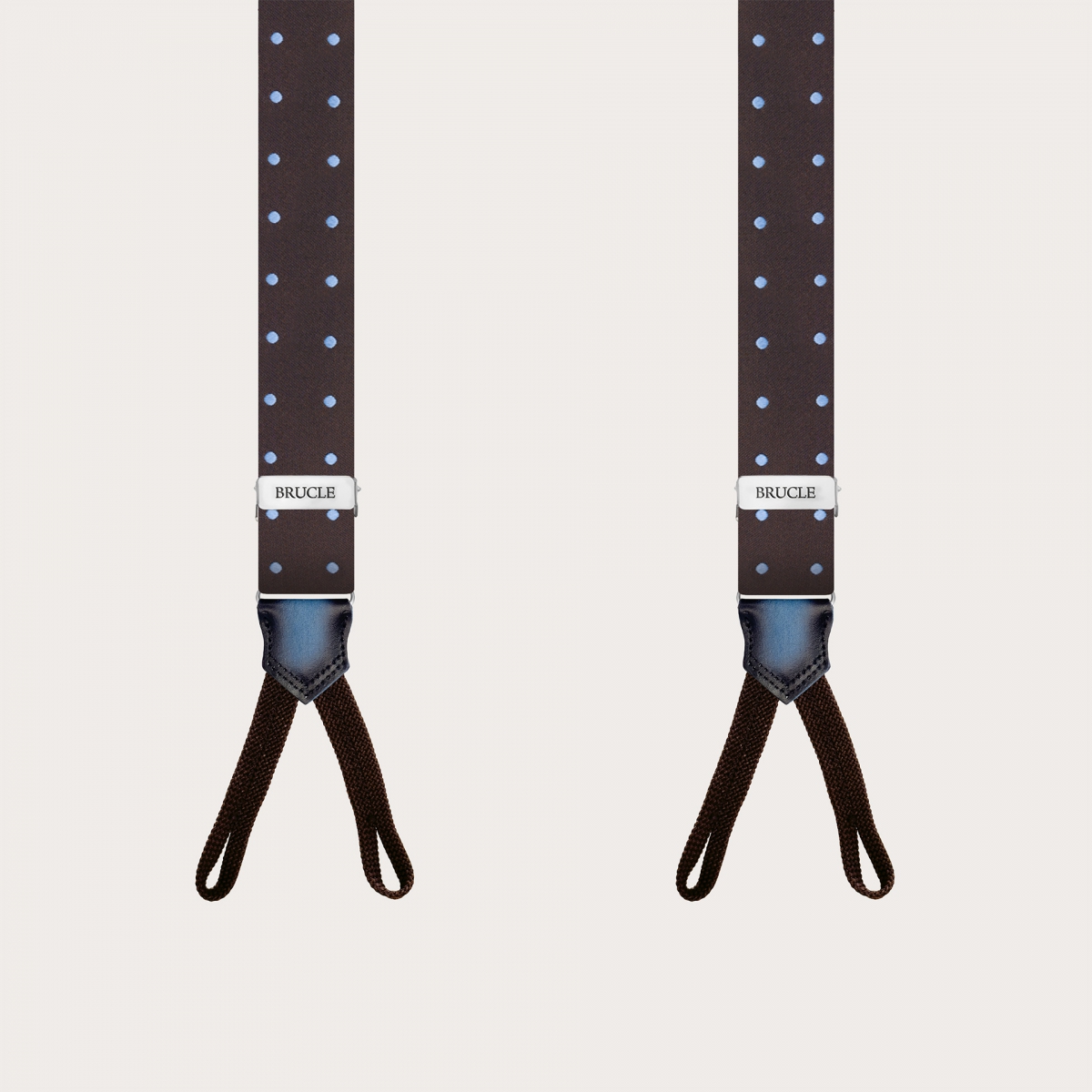 Narrow brown polka dot silk suspenders for buttons