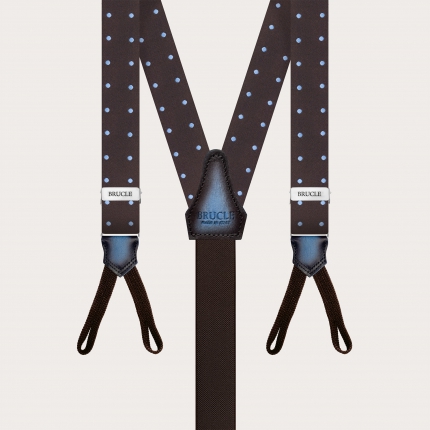 Narrow brown polka dot silk suspenders for buttons