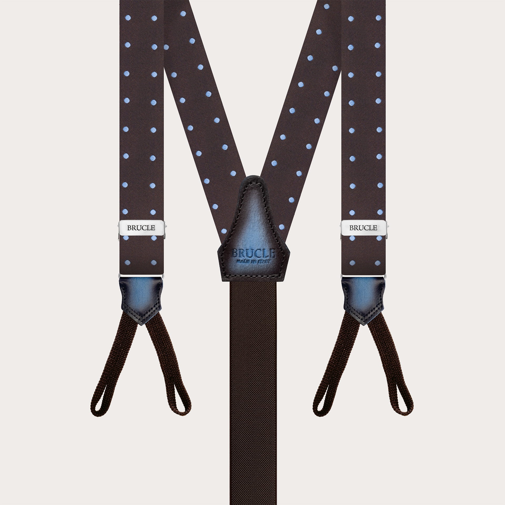 Narrow brown polka dot silk suspenders for buttons