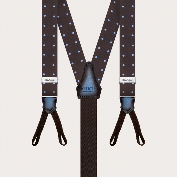 Narrow brown polka dot silk suspenders for buttons