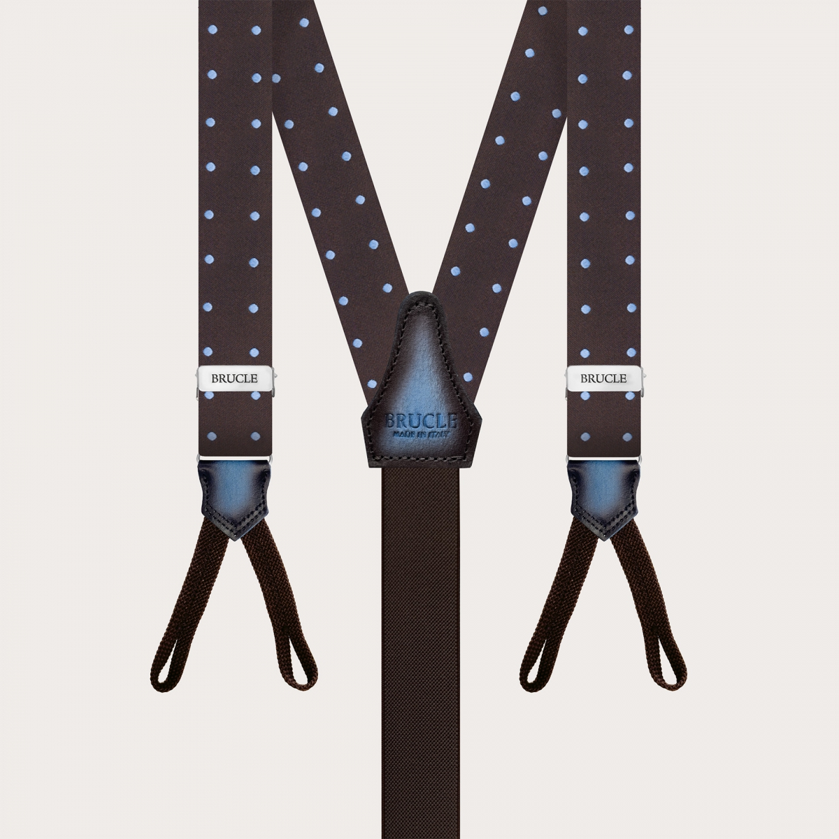 Narrow brown polka dot silk suspenders for buttons