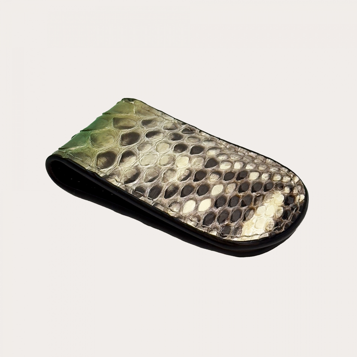 Magnetic money clip in hand-shaded green and beige python