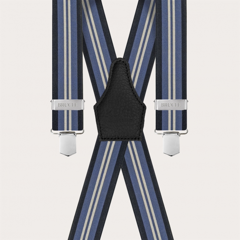 Suspenders in X shape with blue and light blue stripes, clip-on only