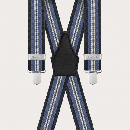 Suspenders in X shape with blue and light blue stripes, clip-on only