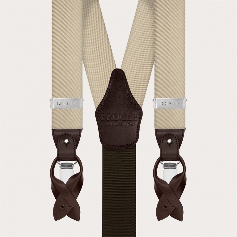 Men's suspenders in champagne silk for buttons or clips