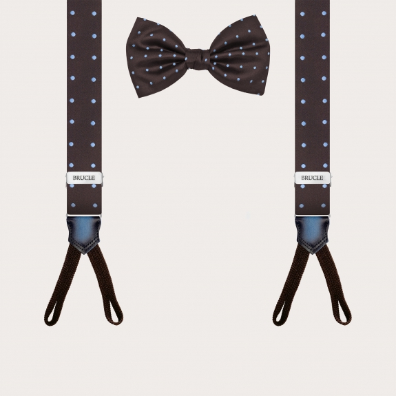 Narrow buttonhole suspenders and polka dot brown silk bow tie set