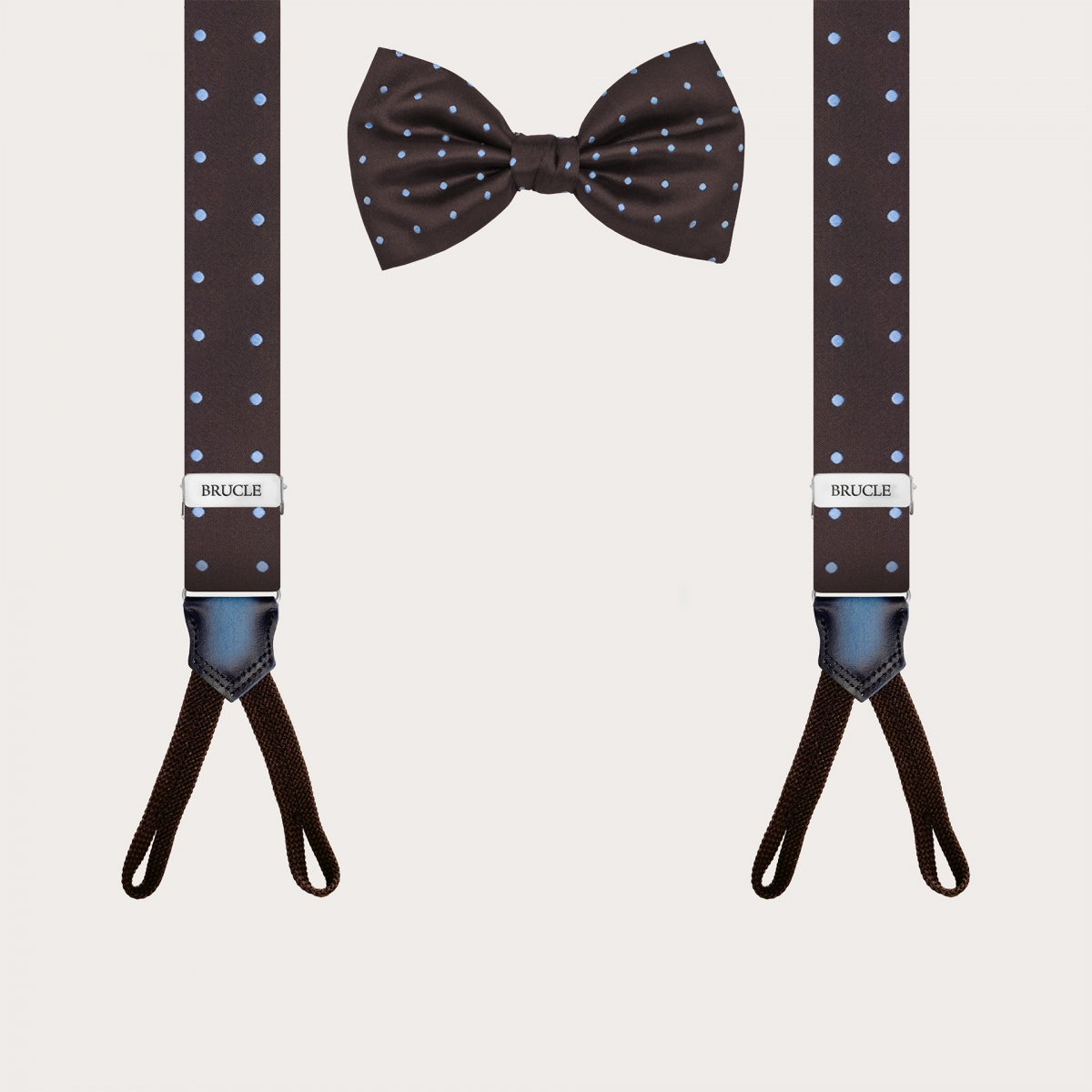 Narrow buttonhole suspenders and polka dot brown silk bow tie set