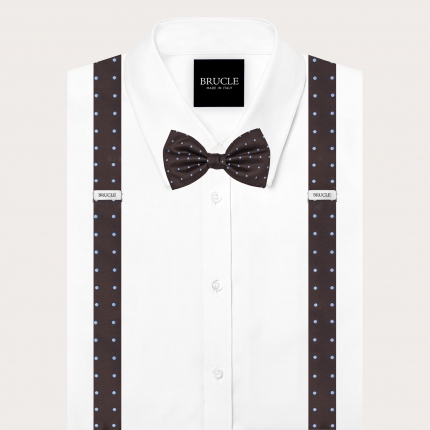 Narrow buttonhole suspenders and polka dot brown silk bow tie set