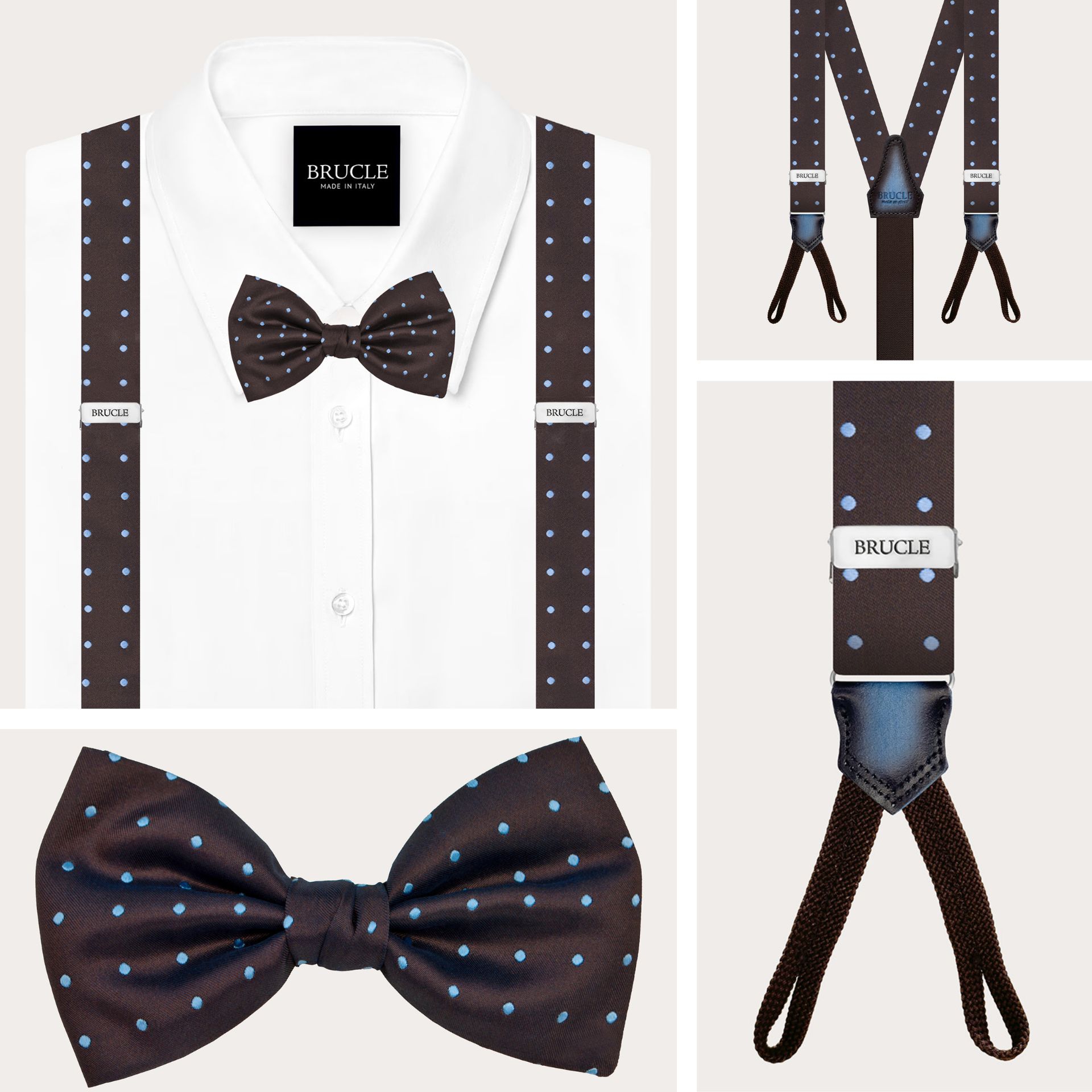 Narrow buttonhole suspenders and polka dot brown silk bow tie set