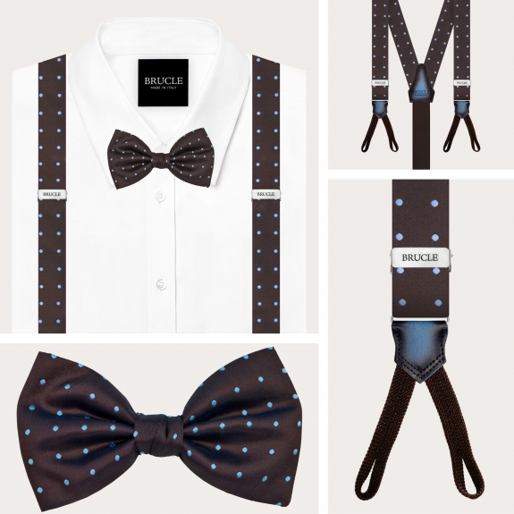 Narrow buttonhole suspenders and polka dot brown silk bow tie set