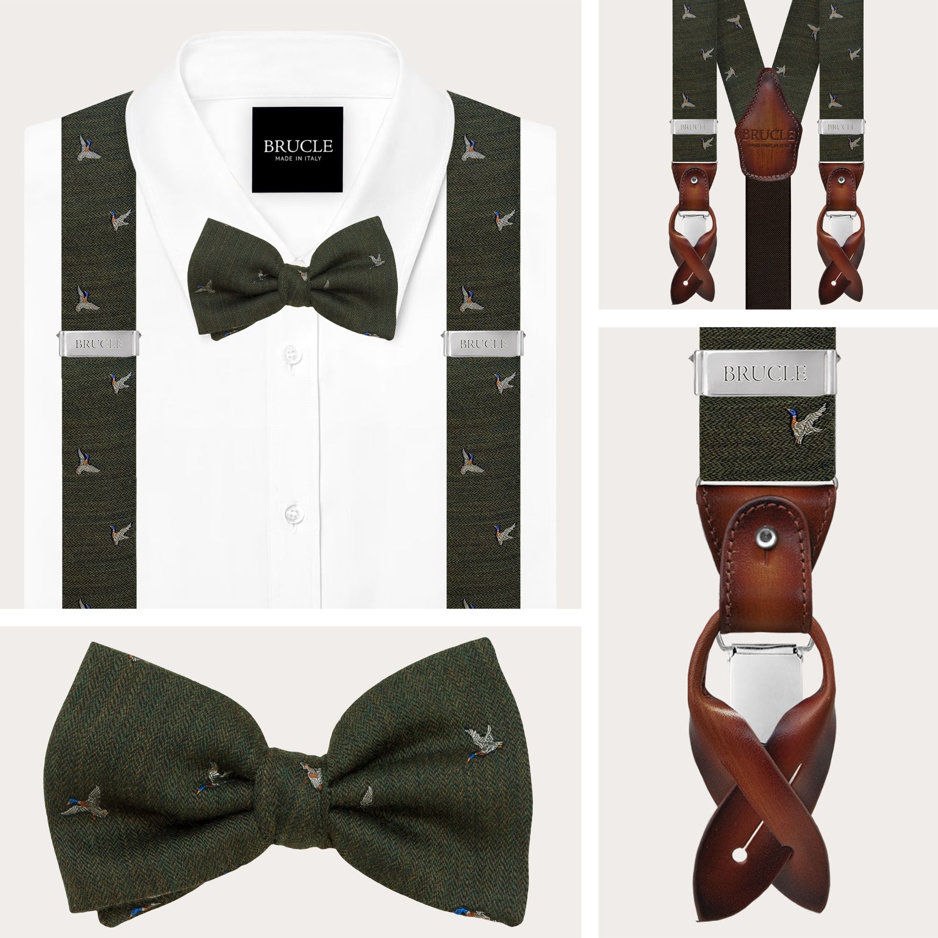 Coordinated wool set with suspenders clips or buttons and green duck-pattern bow tie